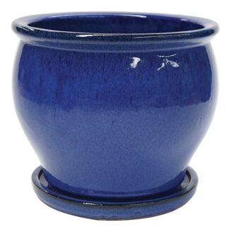 Rimmed blue belly planter with attached saucer