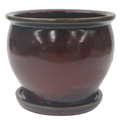 Rimmed oxblood belly planter with attached saucer