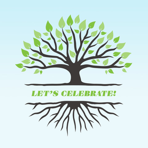 decorative element with a tree that says "let's celebrate!"